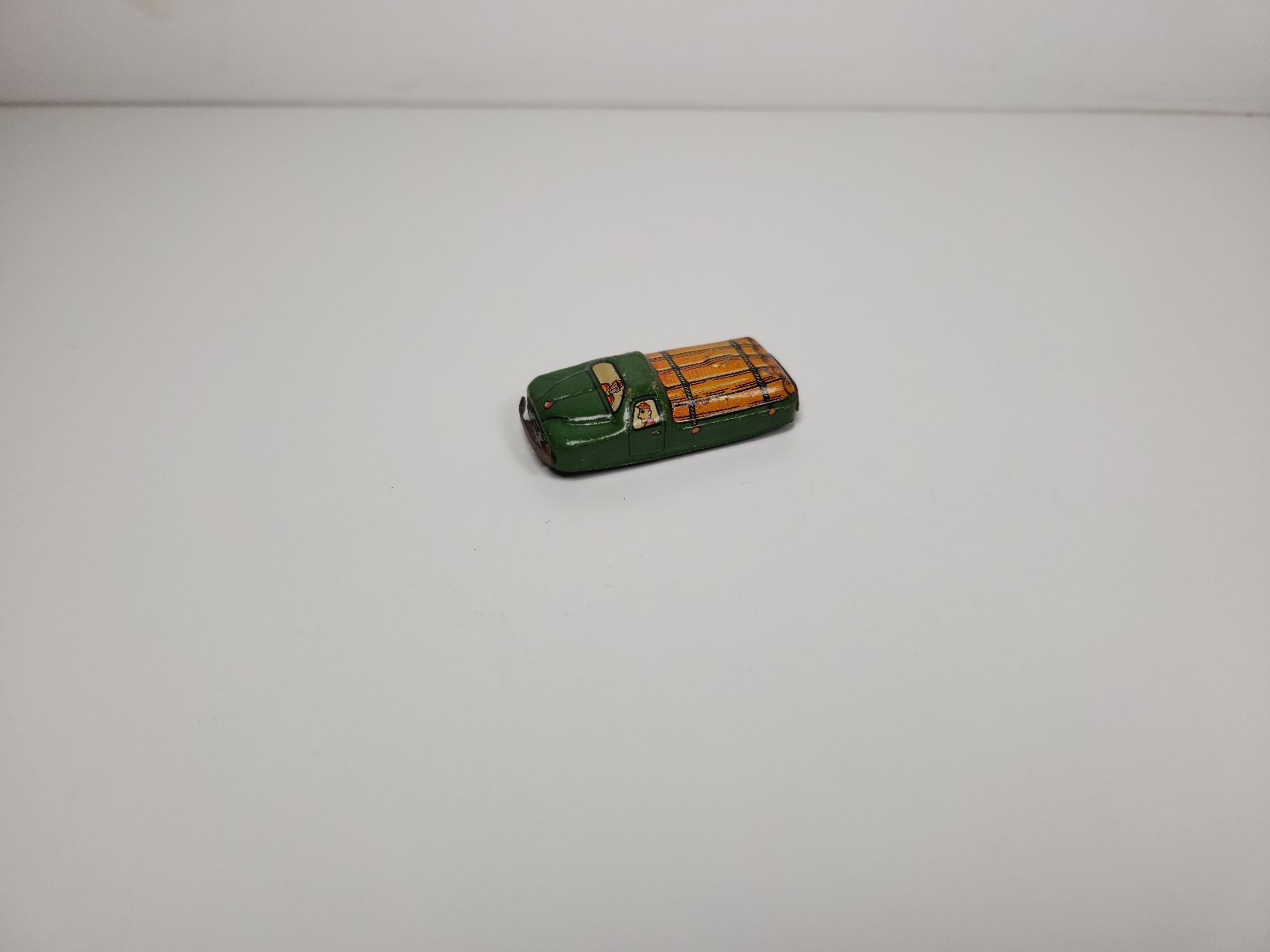 Vintage 1950s Mini Lithograph Tin Car- Green Truck w/ Wood Logs- Collectible Toy - Unique Vintage