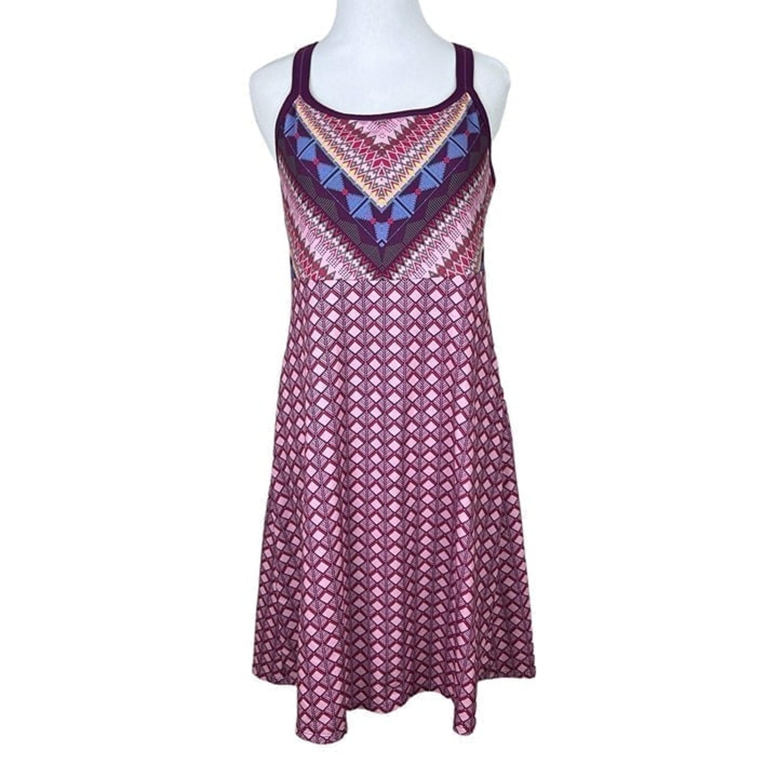 Prana Quinn Dress Womens Medium Purple Geometric Built in Bra Athletic Casual M
