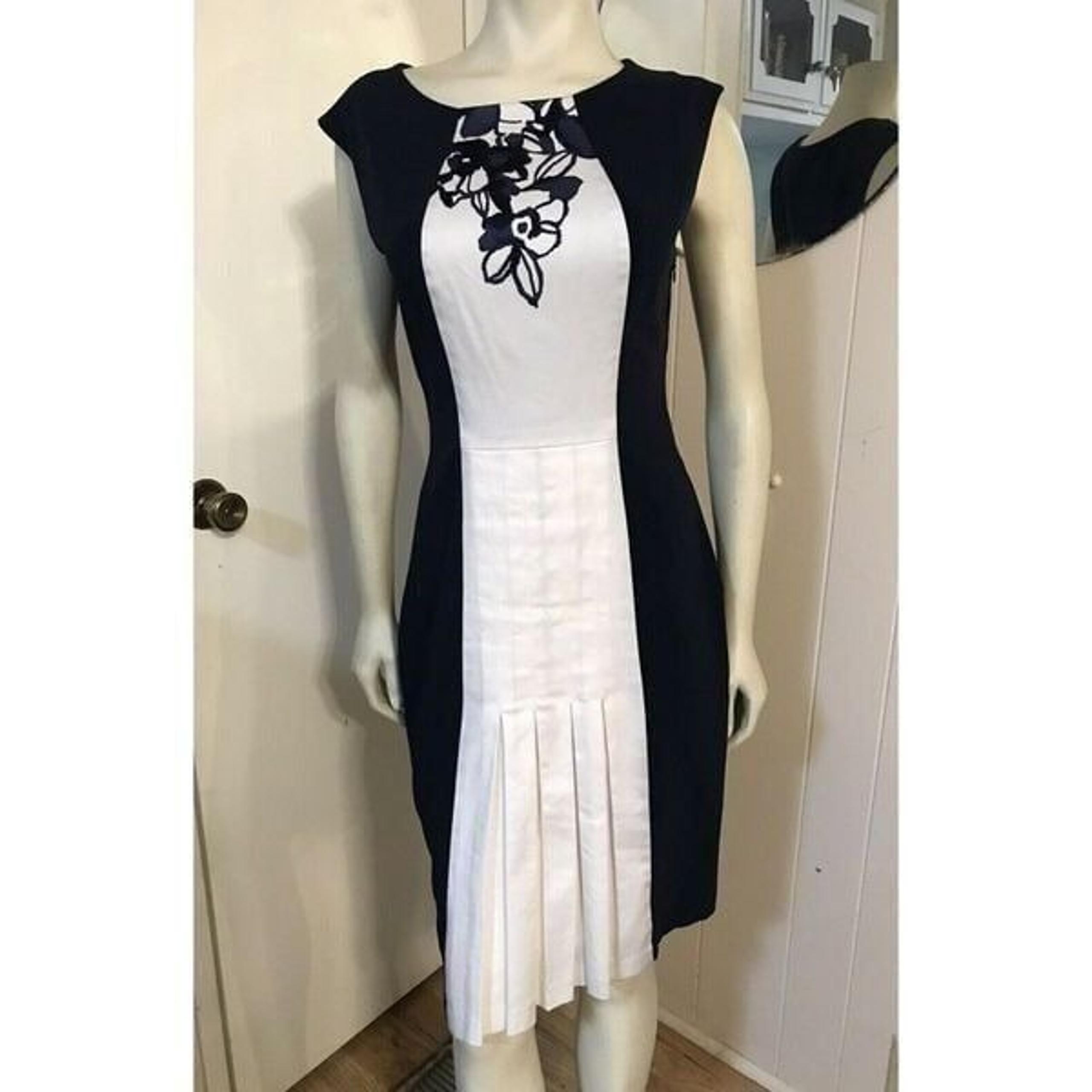 RARE Eva Franco Womens Size 10 Blue Dress White Center Panel Pleats Flowers