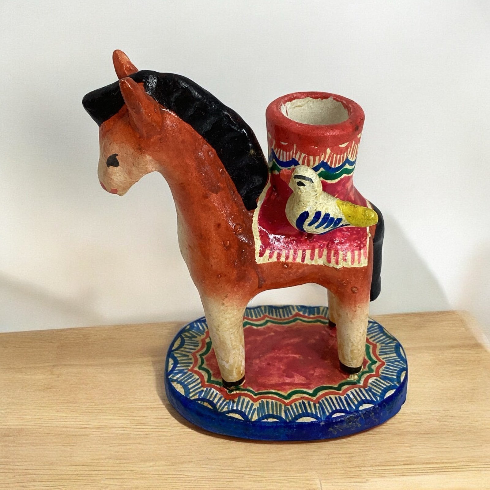 Vintage Mexican Folk Art Tree of Life Pottery Burro Bird Candle Holder Sculpture
