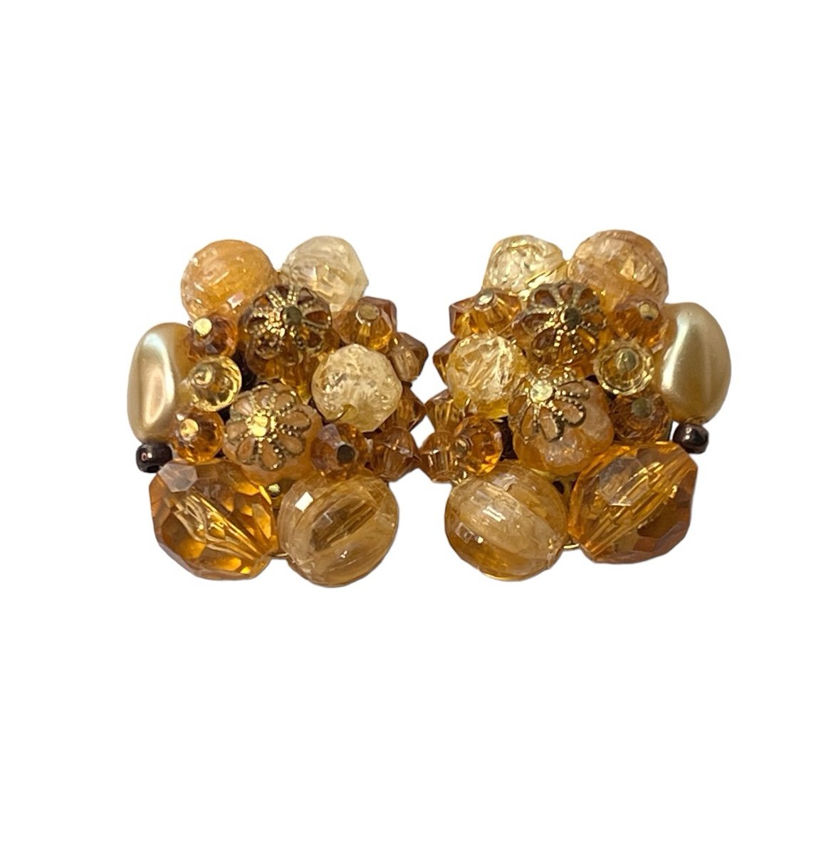 Vintage Champagne Gold Beaded West German Clip On Earrings Glam Retro
