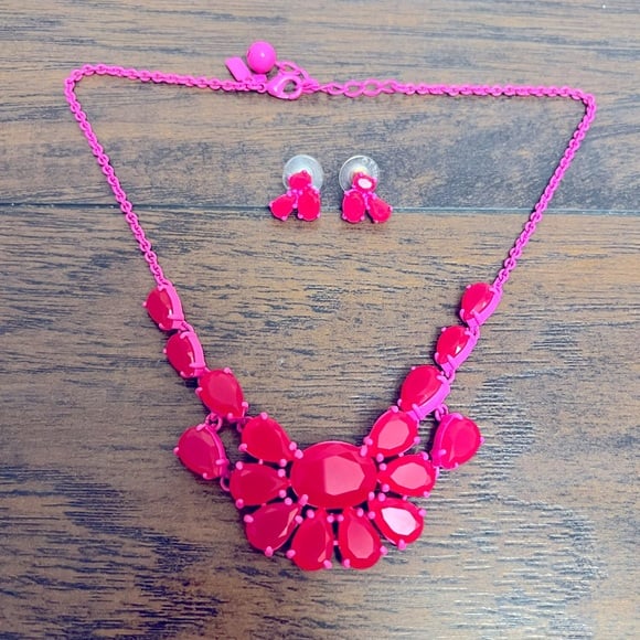RARE KateSpade PAINTED JEWELS NEON PINK cluster NECKLACE Earrings PLAZA ATHENEE