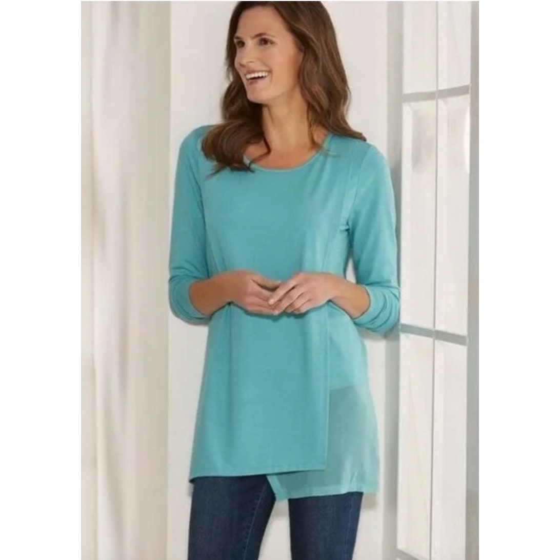 Soft Surroundings Top Womens Large Blue Green Touch of Sheer Tunic Blouse