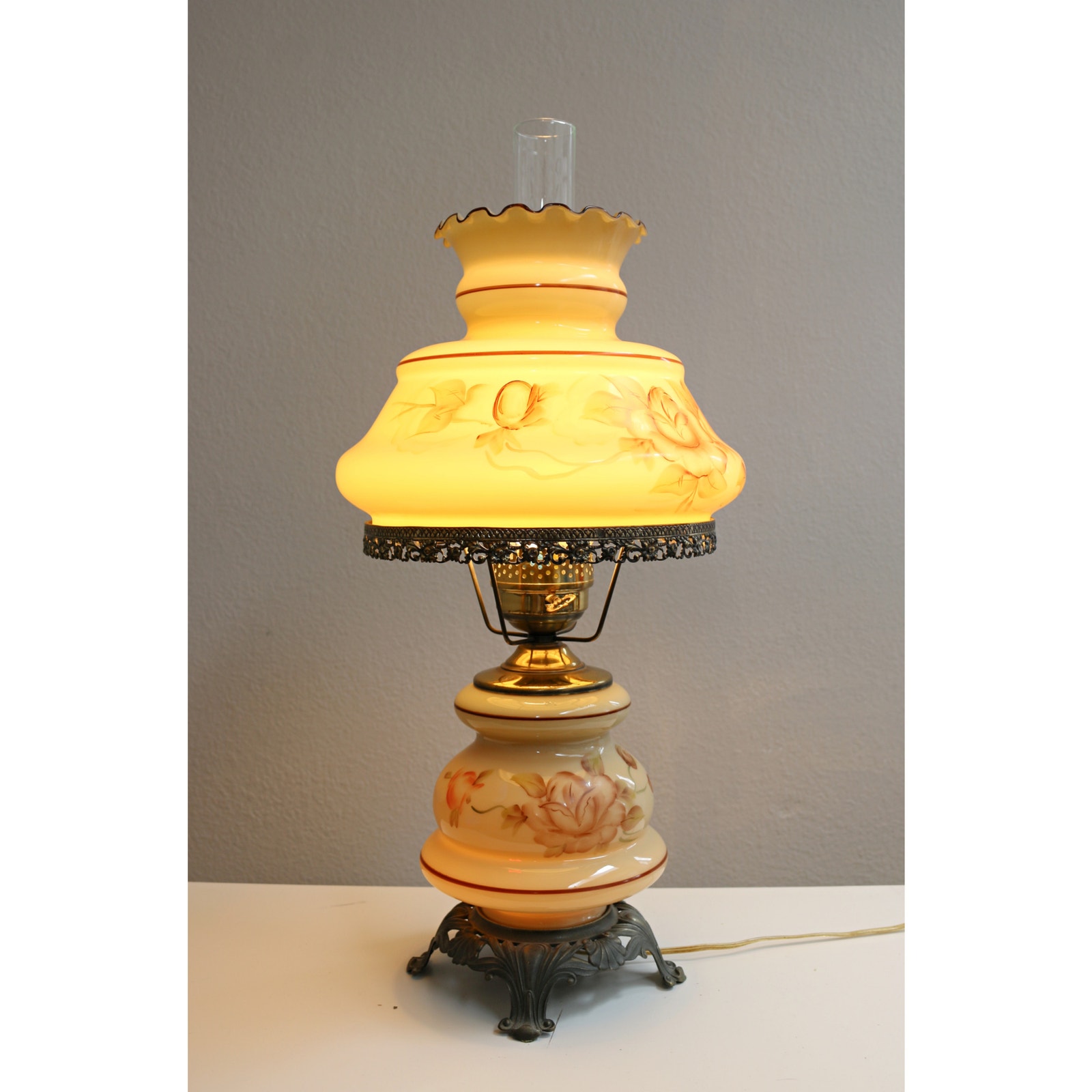 1970's Vintage Hurricane Lamp With 3 Way Light & Nightlight Hand Painted Floral