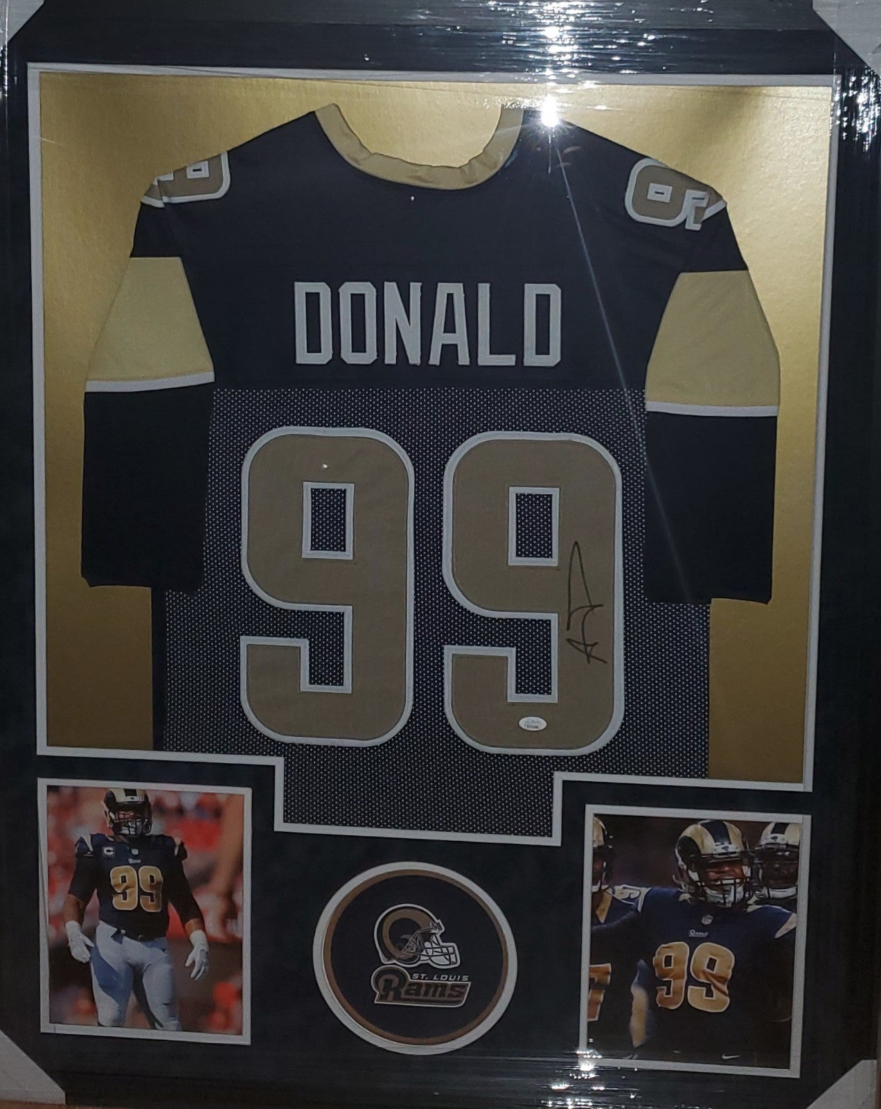 Read Description Aaron Donald Framed Autographed Jersey with Suede (JSA)