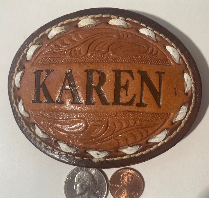 Vintage Metal Belt Buckle, Leather, Hand Tooled, Karen, Dallas, Nice Western