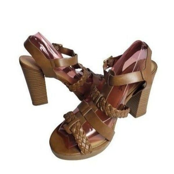 AE Women's Leather Heeled Sandals Strappy Braided Ankle Strap Pumps Size 8.5 NEW