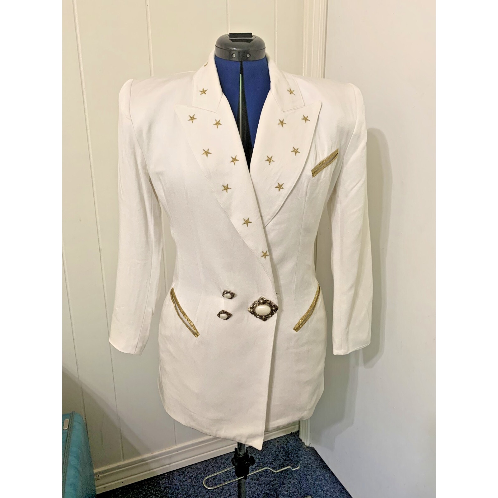 Vintage CACHE Blazer Size S White Fully Lined Gold Stars 80's Disco