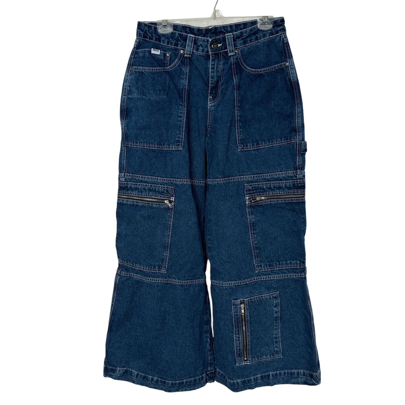 The Ragged Priest Jeans Cargo Super Sweeper Wide Leg Blue White Women's Size 30