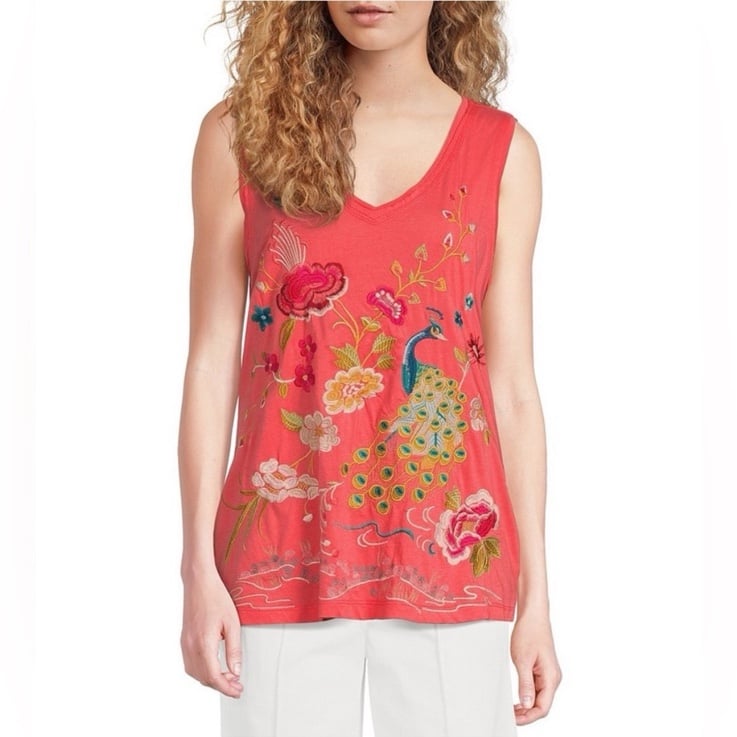 NWT JOHNNY WAS Cotton Knit Jersey Placement Embroidery Raw Edge Trim V-Neck Tank