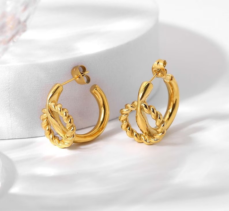 18K Dainty Gold Hoop Earrings, Gold Circular Hoops, Chunky Twist Hoops Earrings