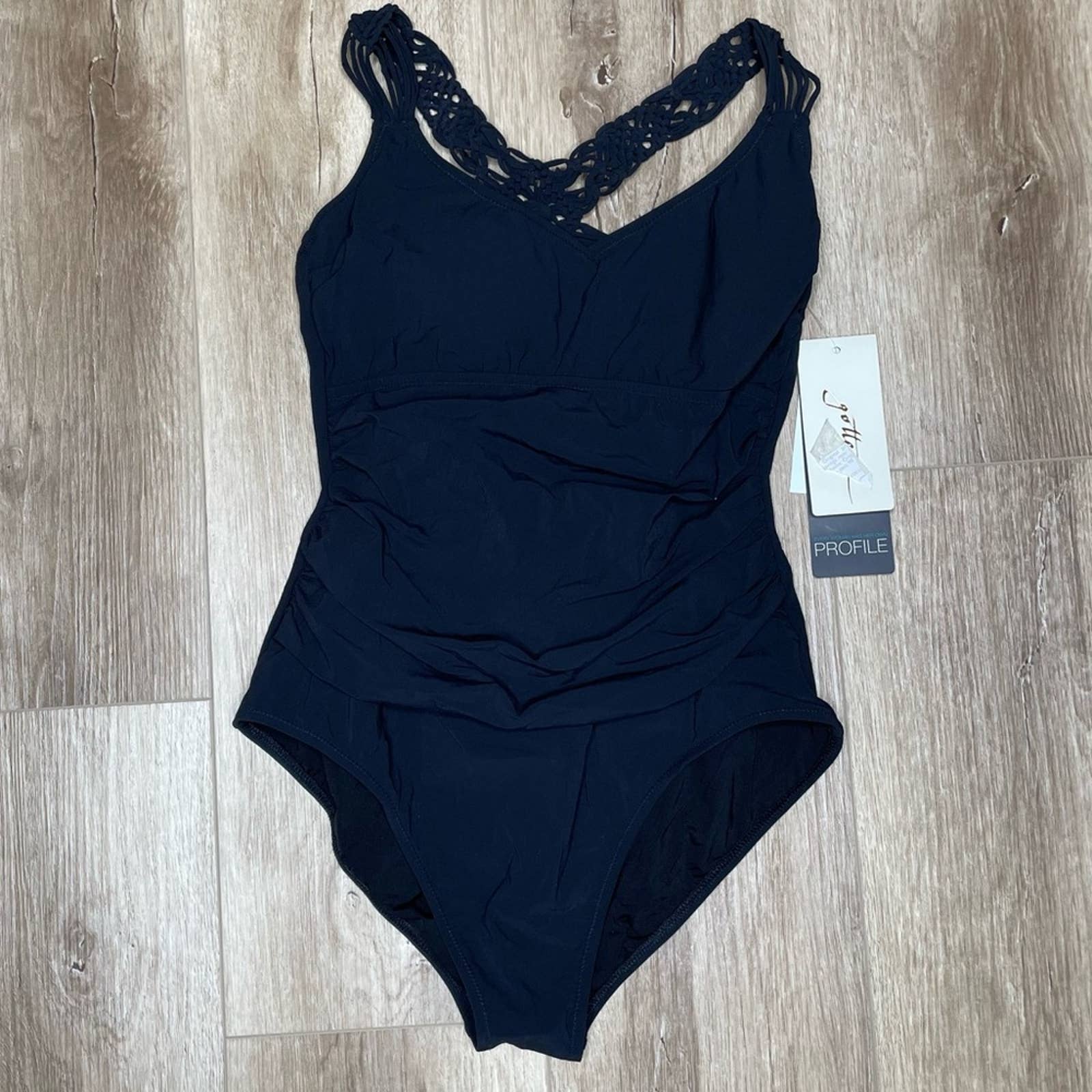 Profile by Gottex Women's Black Woven Strappy Cross Back One Piece Swimsuit sz 6