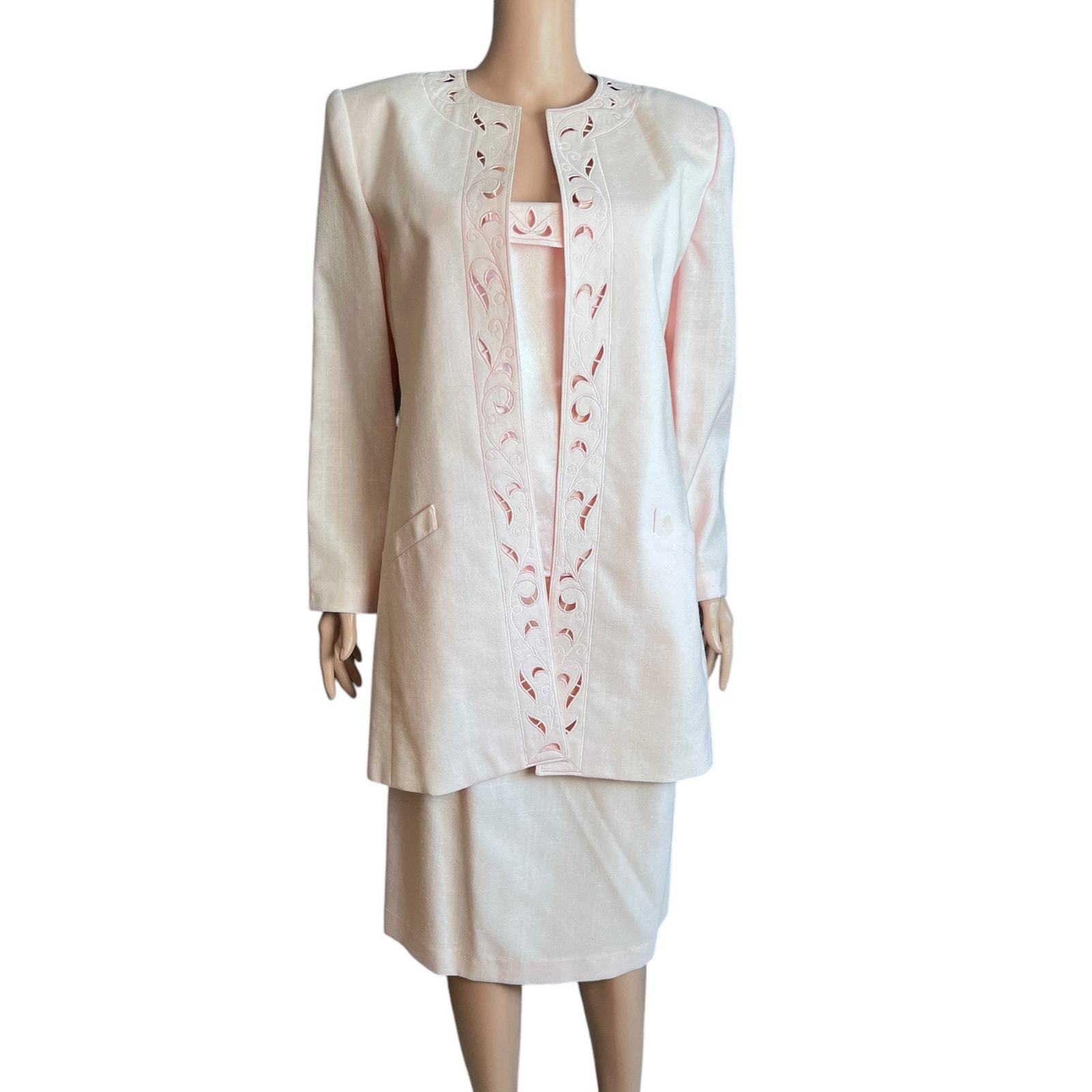Kasper For ASL 3 Pc Skirt, Jacket, Camisole Suit Pink Embroider Preppy Flaws 12