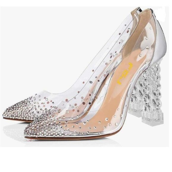 FSJ Crystal Silver Block High Heel Clear Pump Pointed Toe Slip On Dress Shoes