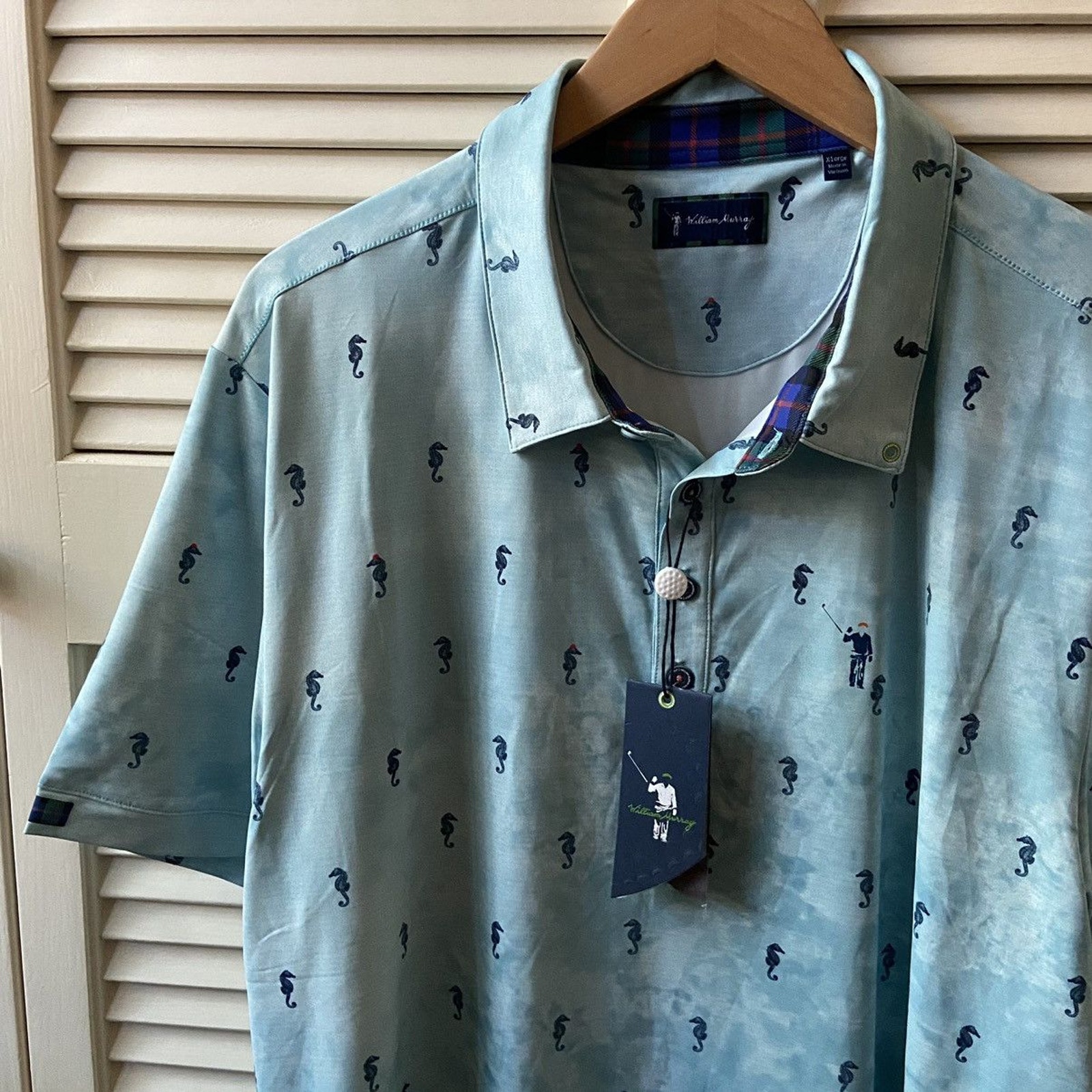 NWT William Murray Seahorse AOP Performance Golf Polo Shirt Light Blue Size XL