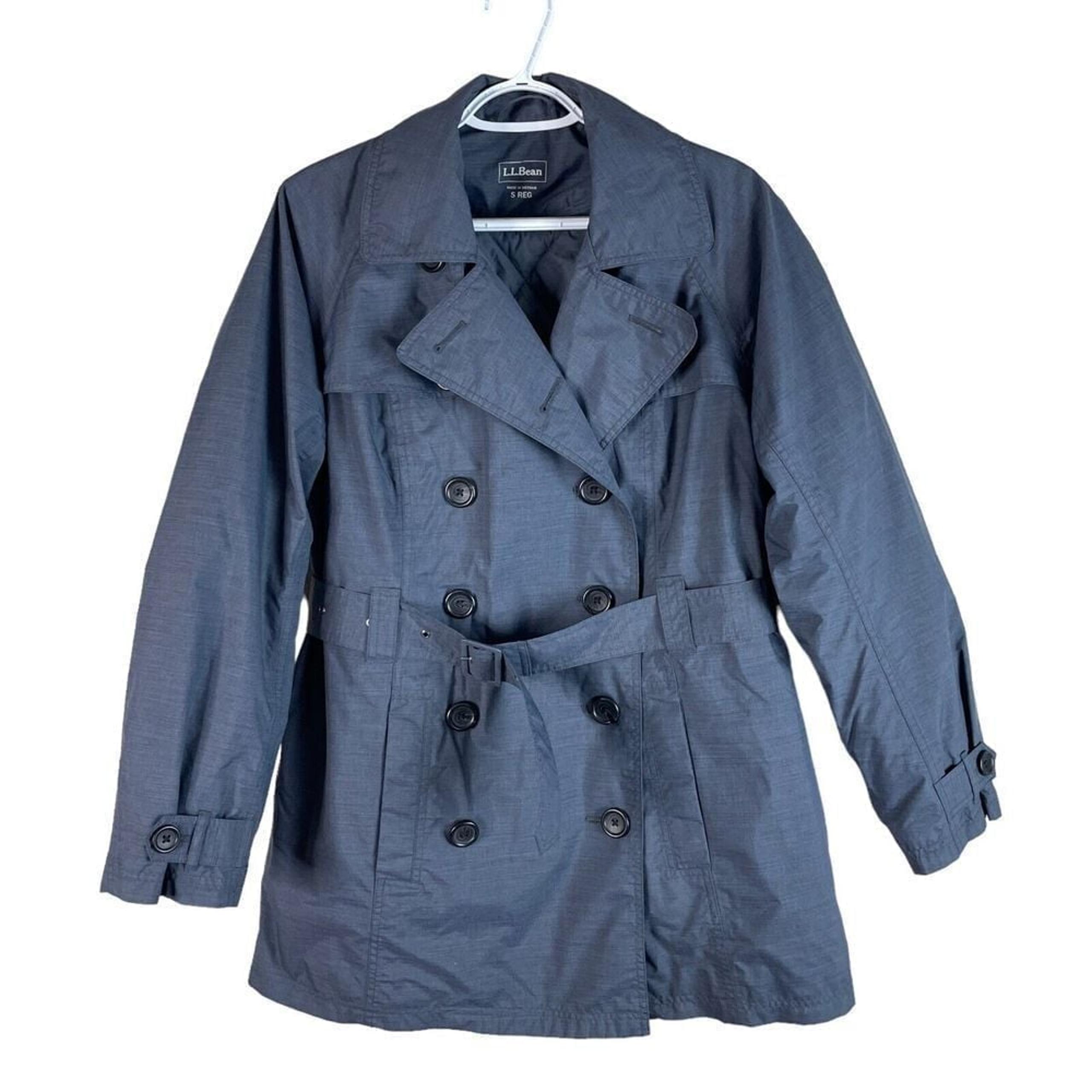 LL Bean Double Breasted Trench Coat Womens S Reg Blue Nylon Belted Insulated