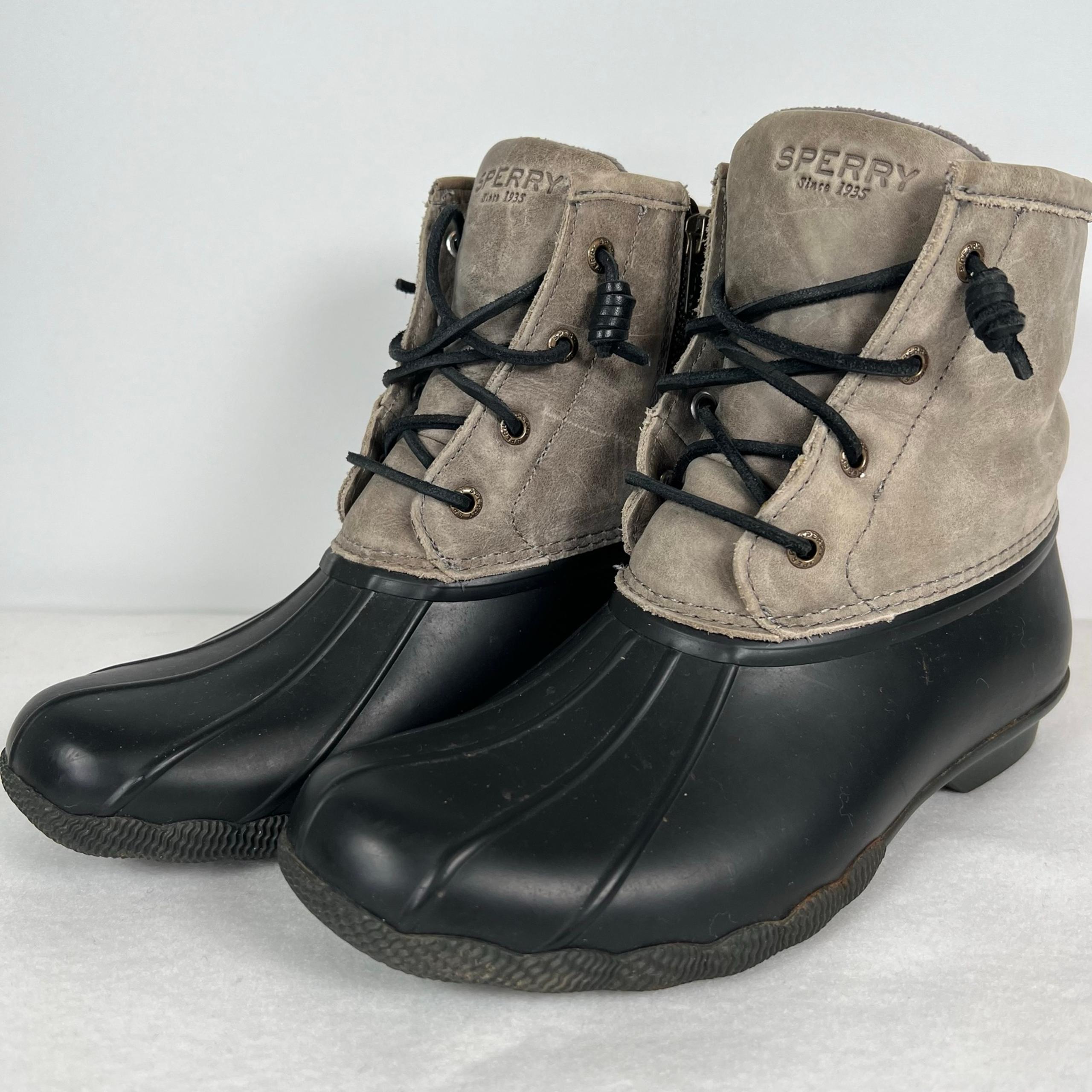 SPERRY Womens Size 9 Duck Boots Black Gray Rain Snow Boot Fleece Lined STS81732