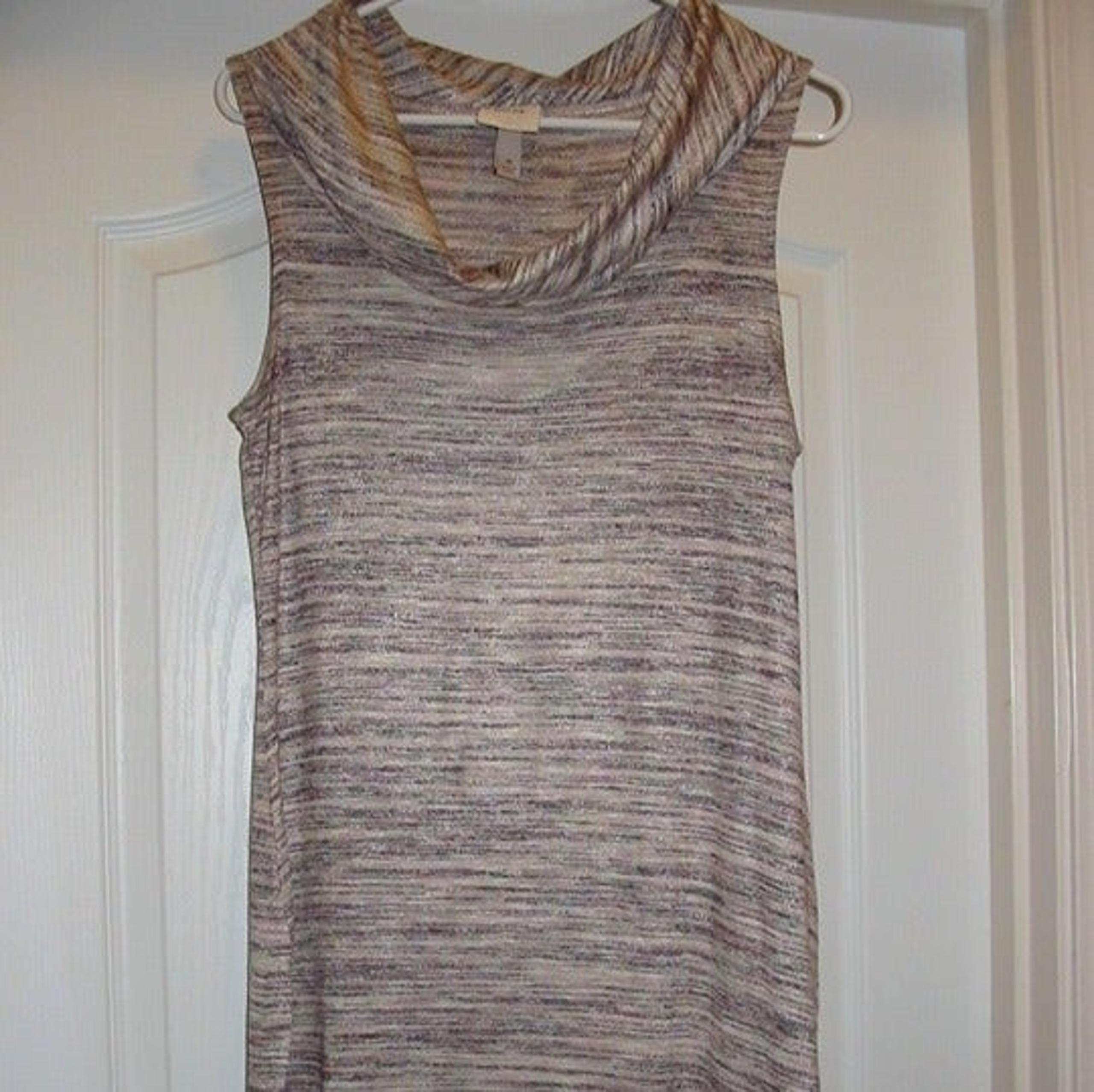 KNOX ROSE TAN CREAM LIGHTWEIGHT COWL NECK SLEEVELESS HI LOW TUNIC SWEATER SIZE M