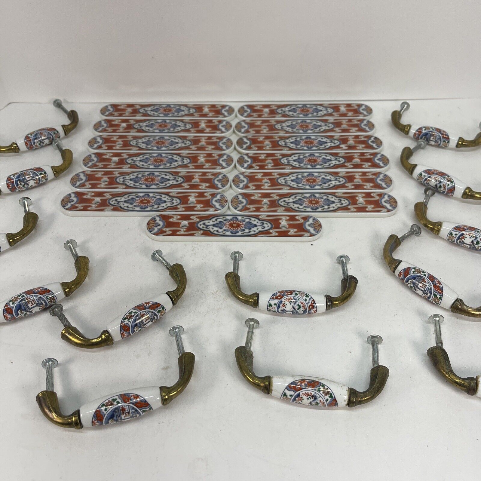 13 - Antique Belwith 1985 Painted Ceramic Drawer Pulls and Back Plates