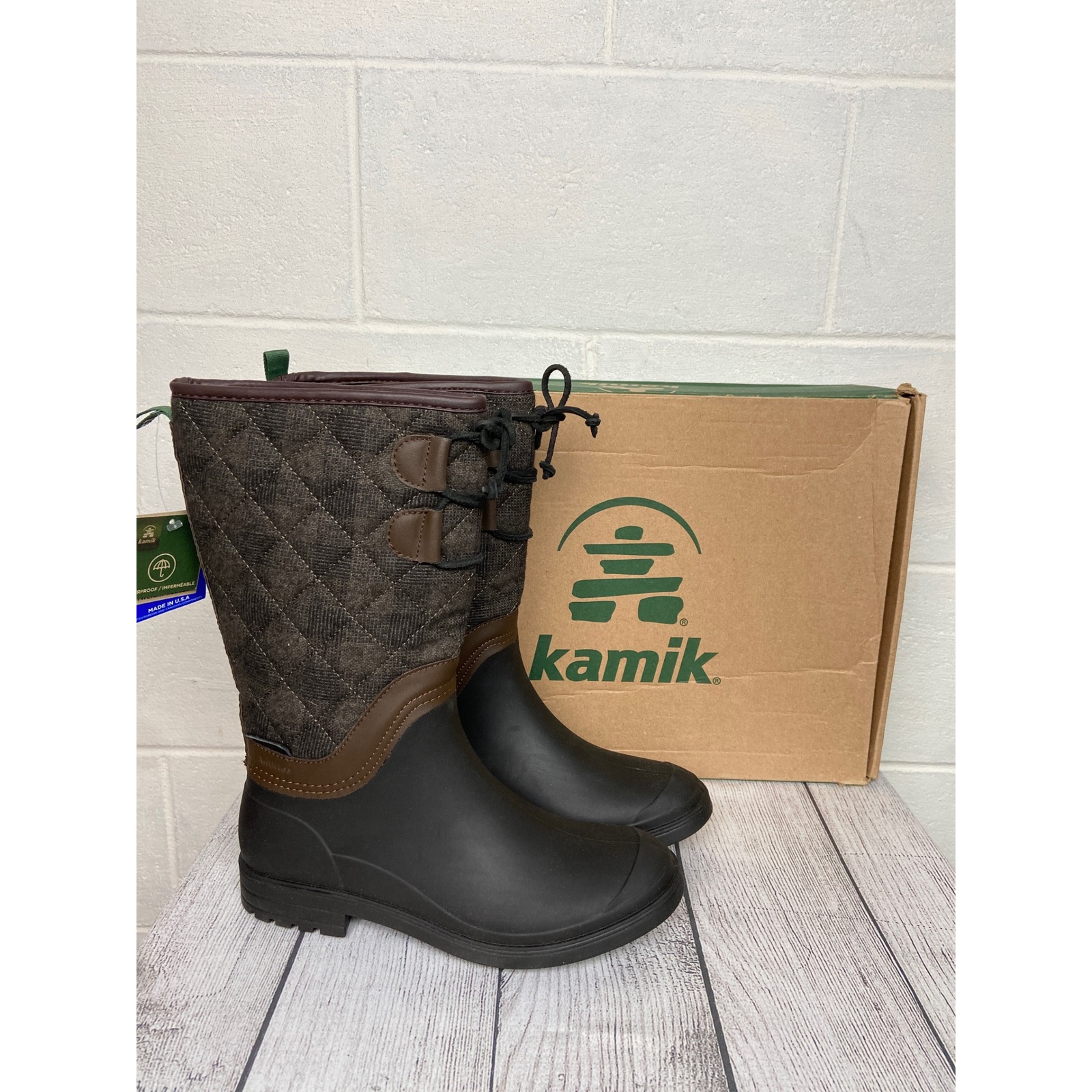 Kamik Abigail Rain Boots Waterproof Seam Sealed Quilted Brown Size 8 EU 39