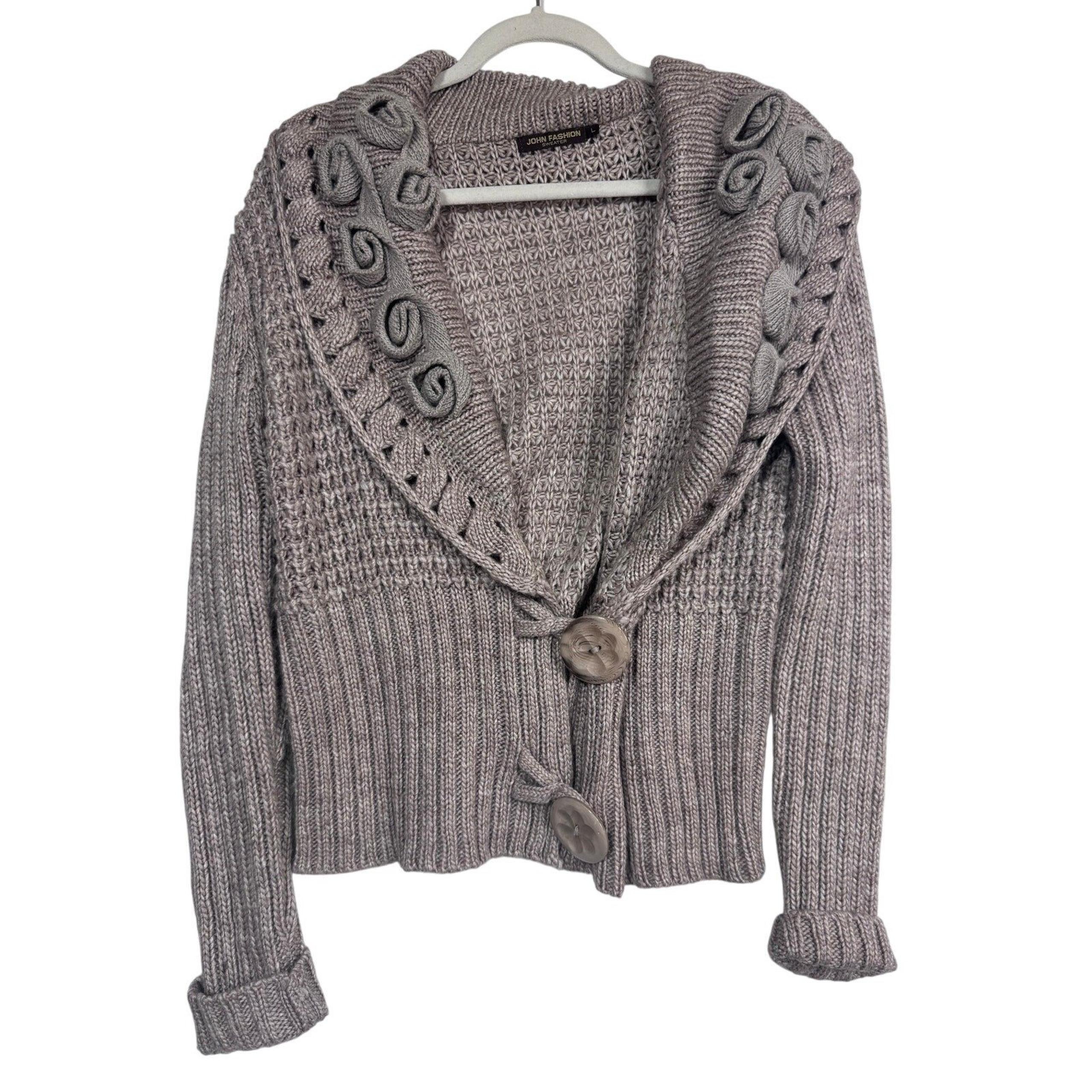 John Fashion Tan Rosette Knit Shawl Collar Wool Cardigan Sweater Size Large
