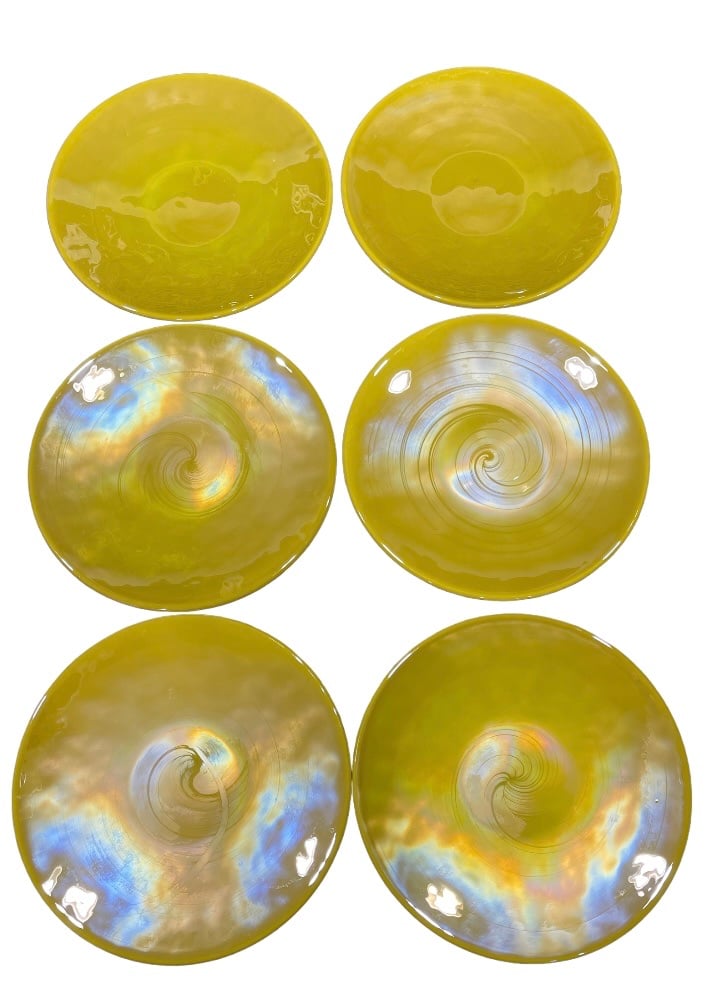 6 Beautiful Hand Blown Yellow Swirl Glass 8.5” Plates In Pristine Condition