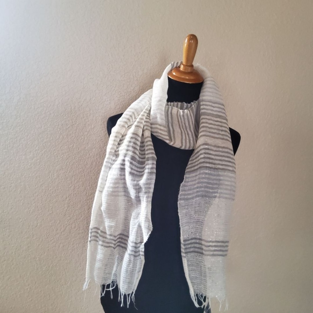 Eileen Fisher Linen Cotton Blend Metallic Stripe Lightweight Scarf New
