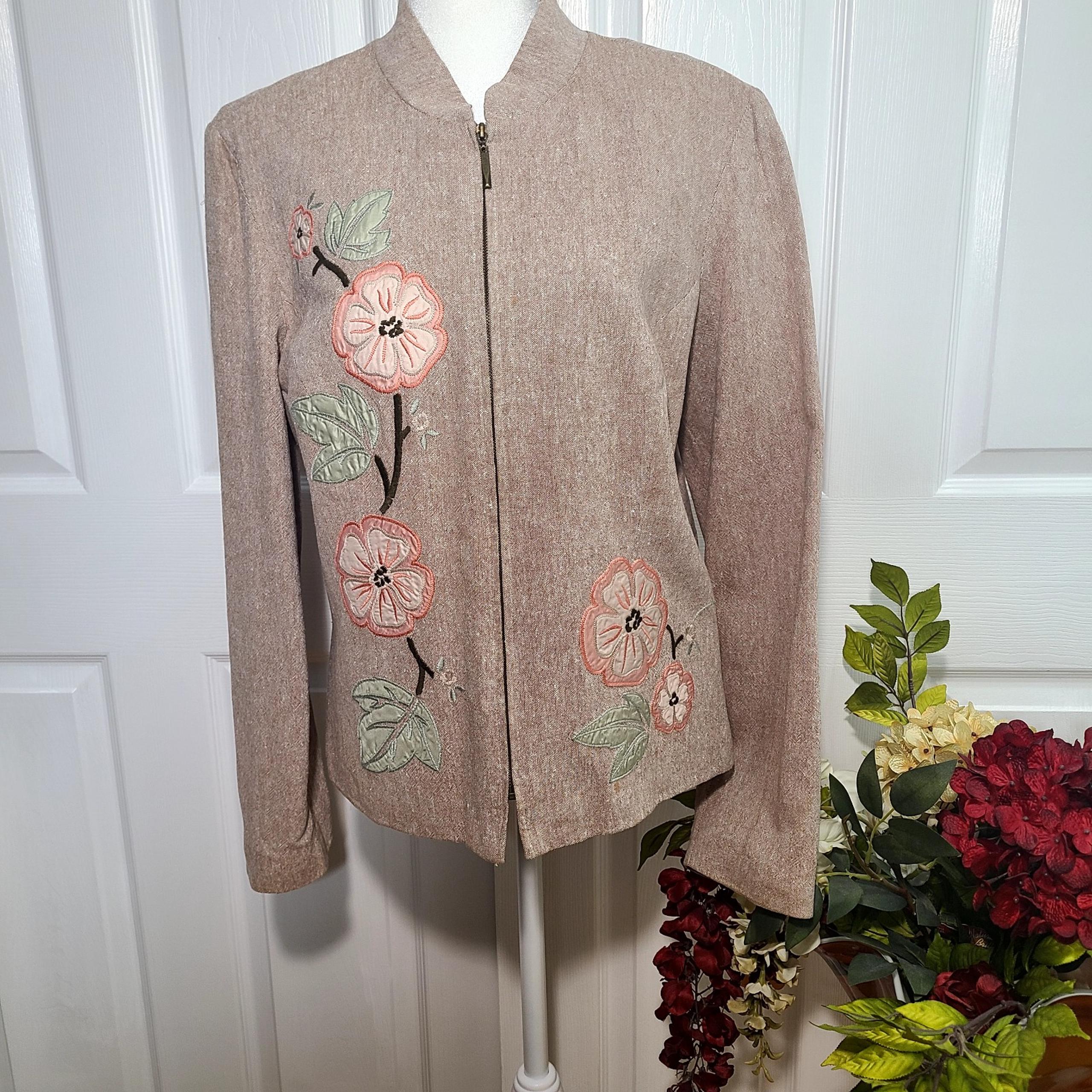 Dress Barn Tan Linen Floral Patches Women's Blazer Size 10 Casual Coastal