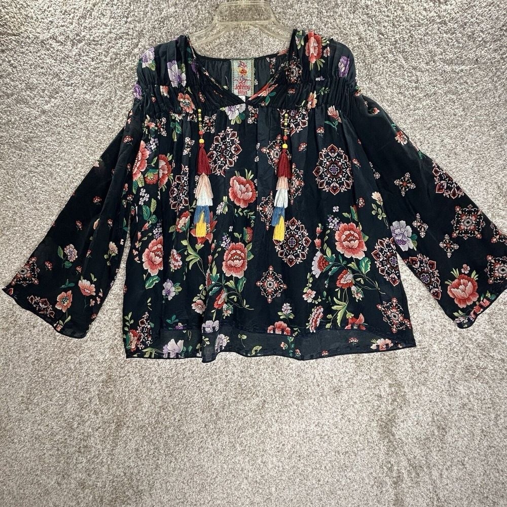 Johnny Was Peasant Blouse Top Xs Floral Beaded Tassel