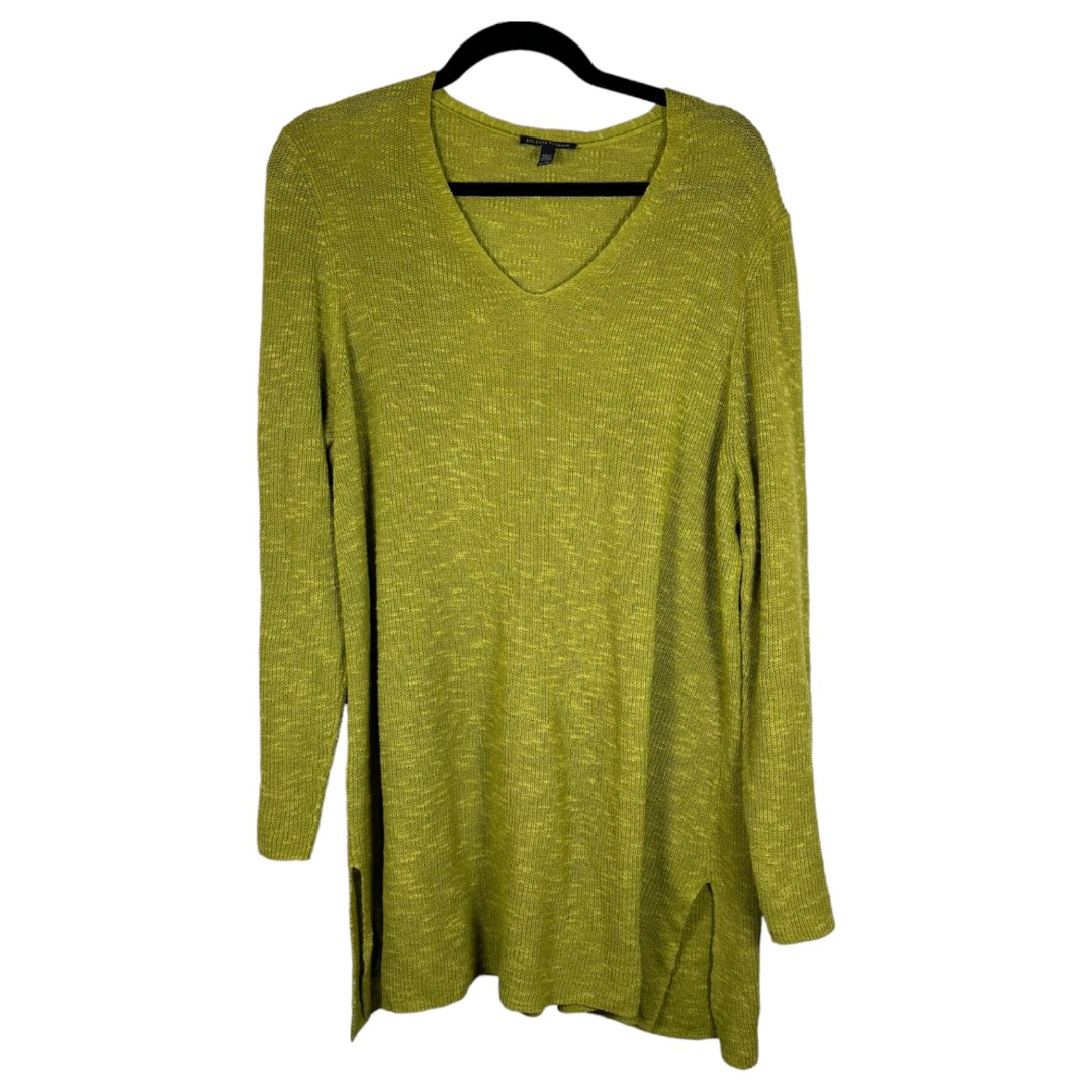 Eileen Fisher Textured Knit Lightweight Green Organic Linen Cotton Sweater XL