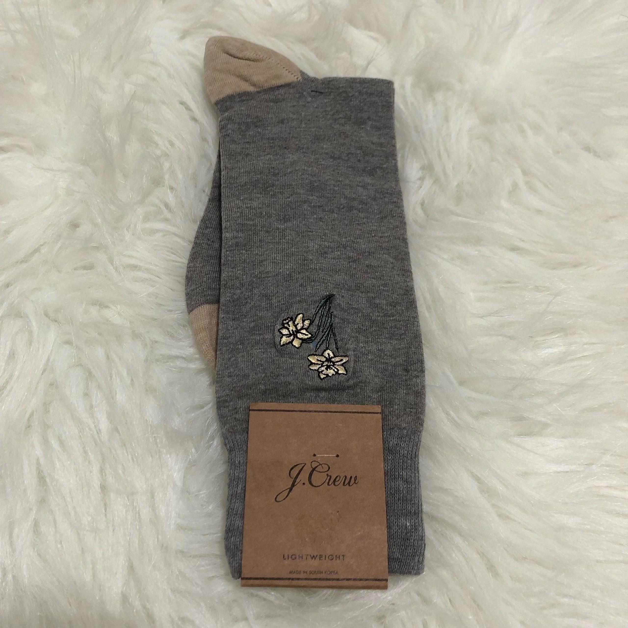 J. Crew Women's Dress Sock  One Size Gray Embroidered Floral Lightweight NWT