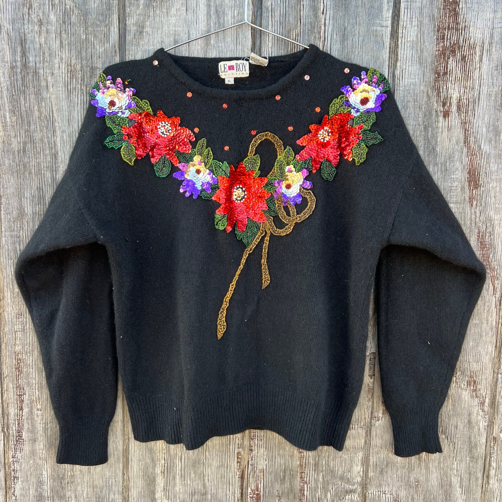 Vintage 80s Le Roy Knitting Lambswool Angora Floral 3-D Embroidery Sweater XL