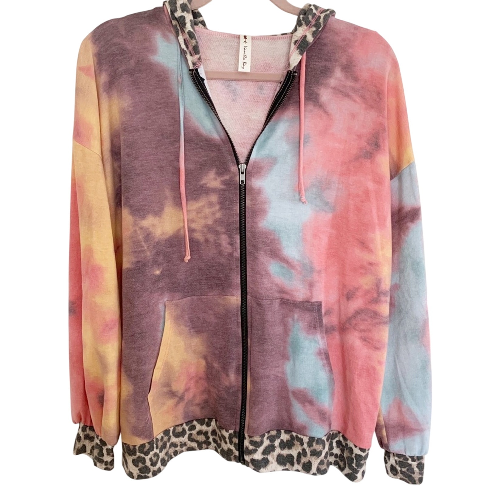 Vanilla Bay Tie Dye Leopard Contrast Zip Up Hoodie Medium