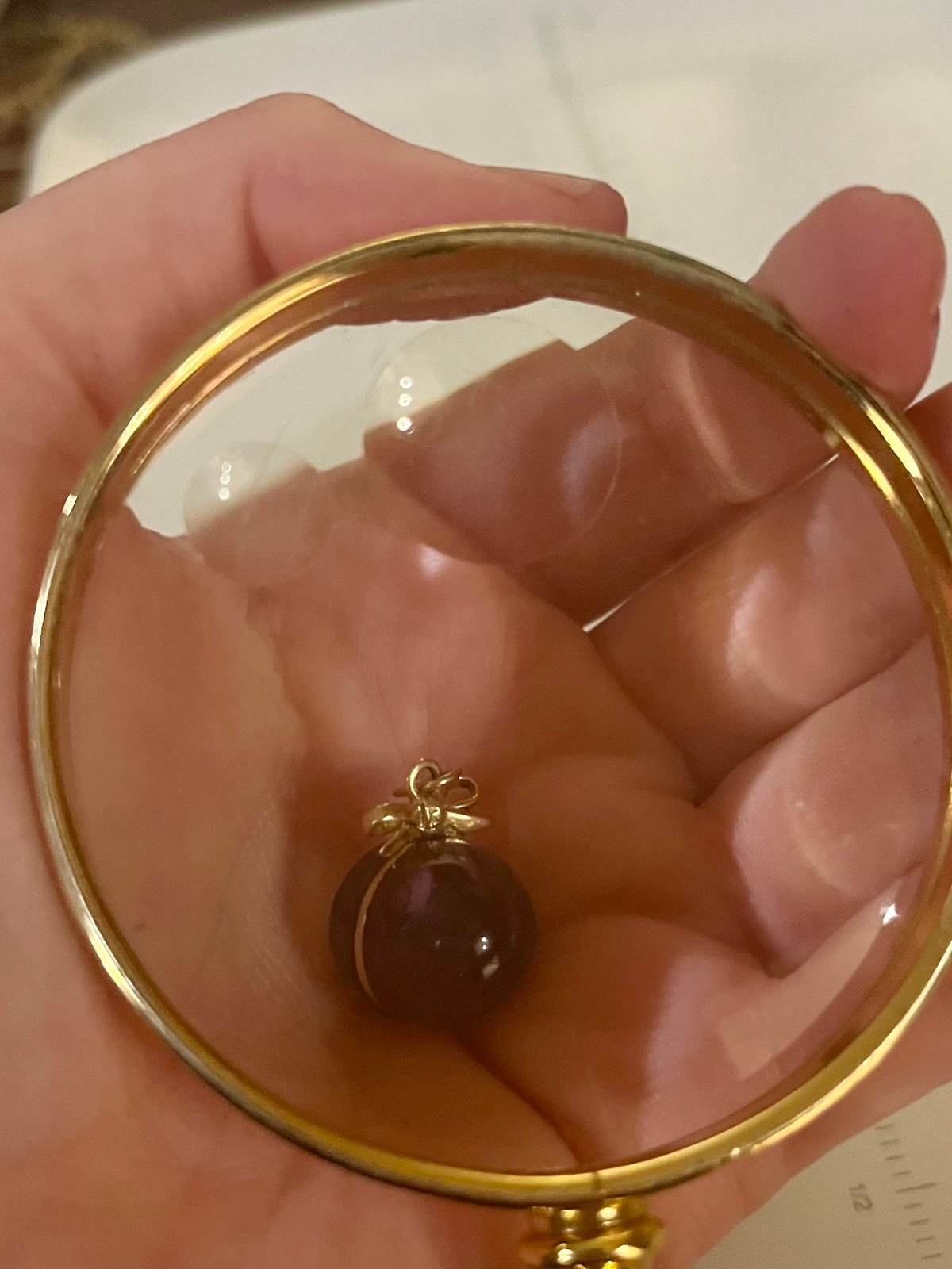 Vintage purple jade/violet quartz egg and bow charm, 14k gold accents