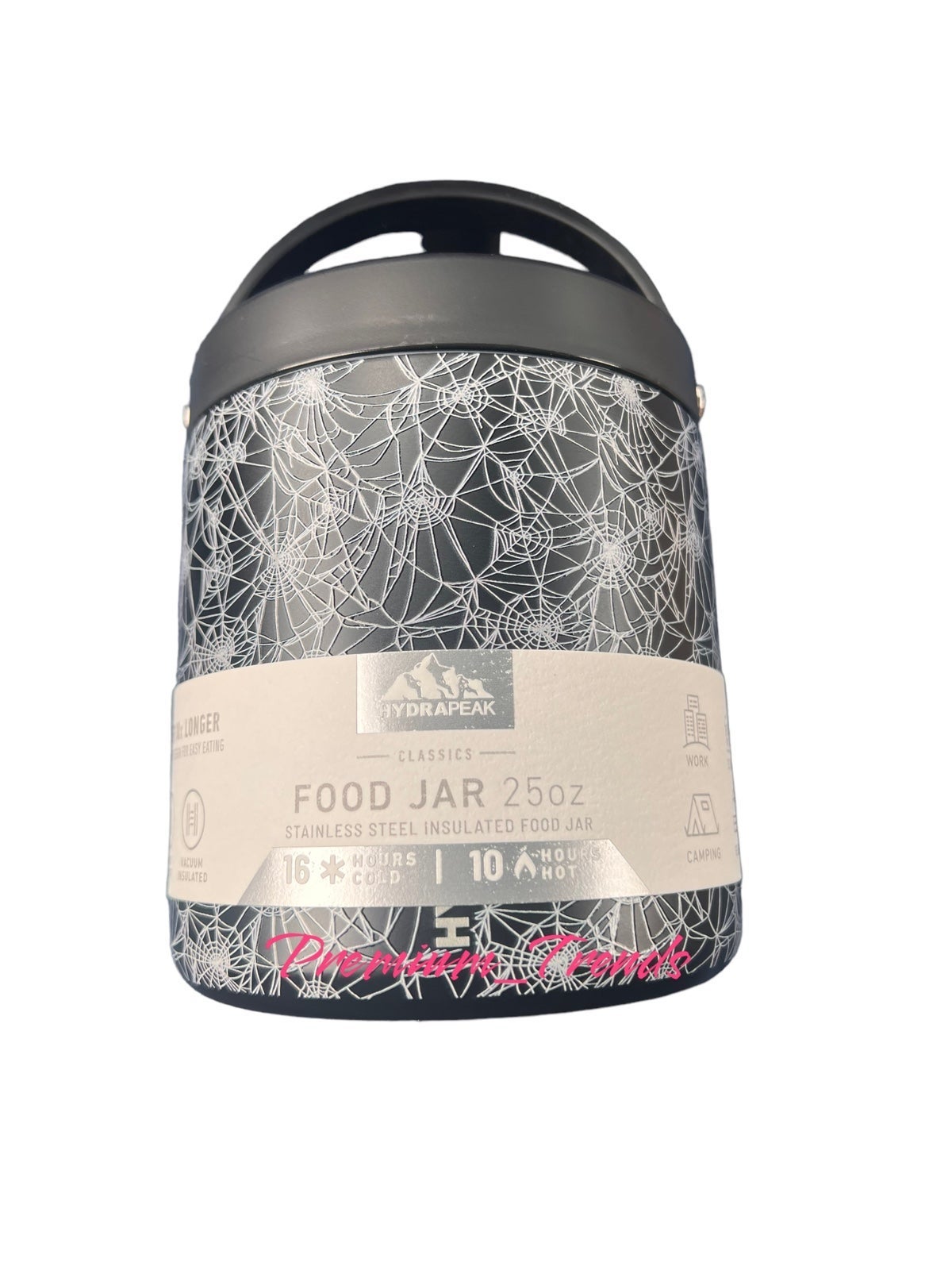 HydraPeak Spiderweb Black Food Jar 25 oz Stainless Steel Wide Mouth