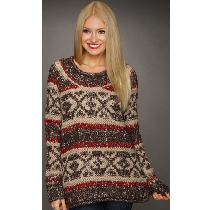 FREE PEOPLE Brown Ivory Red Pullover