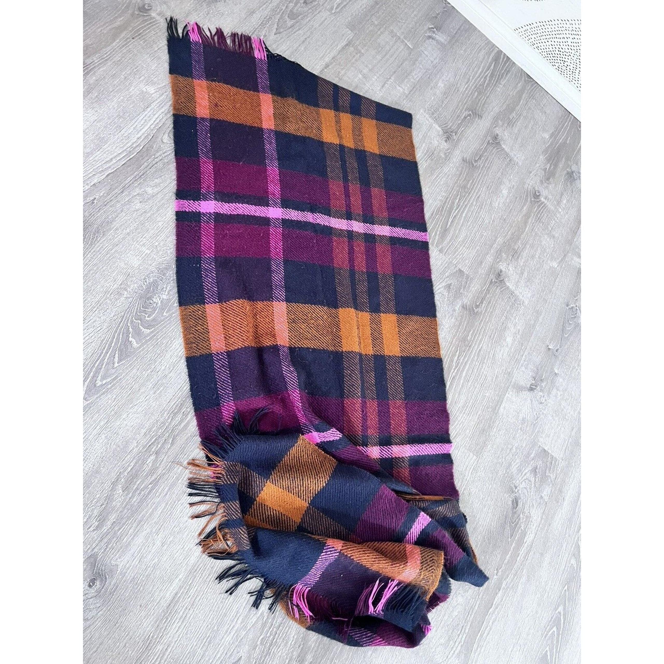A New Day Women's Plaid Scarf 85”X27” Wine, Navy and Orange stripes EUC