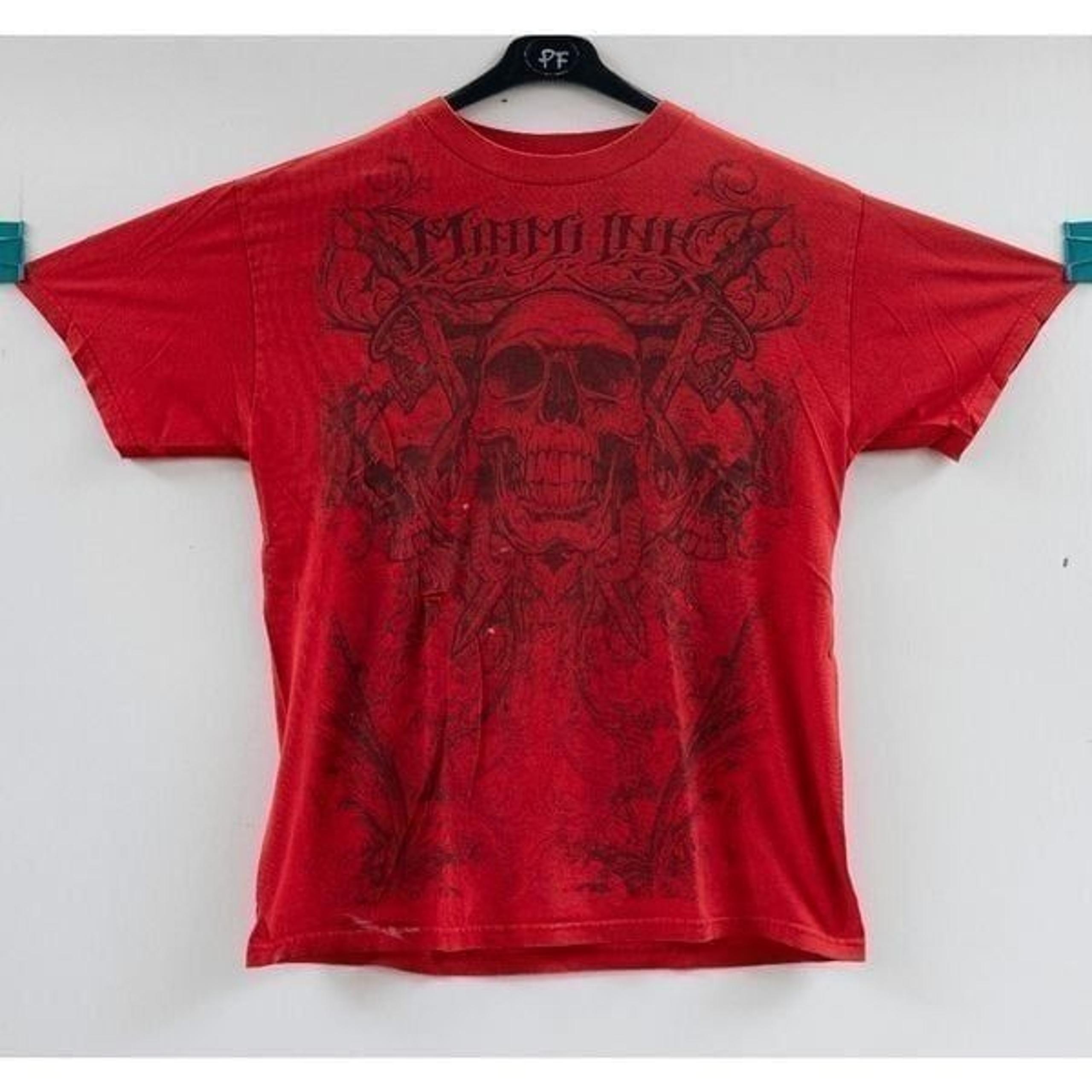 Vintage Miami Ink Skull Art Red T-Shirt Size L **THRASHED**