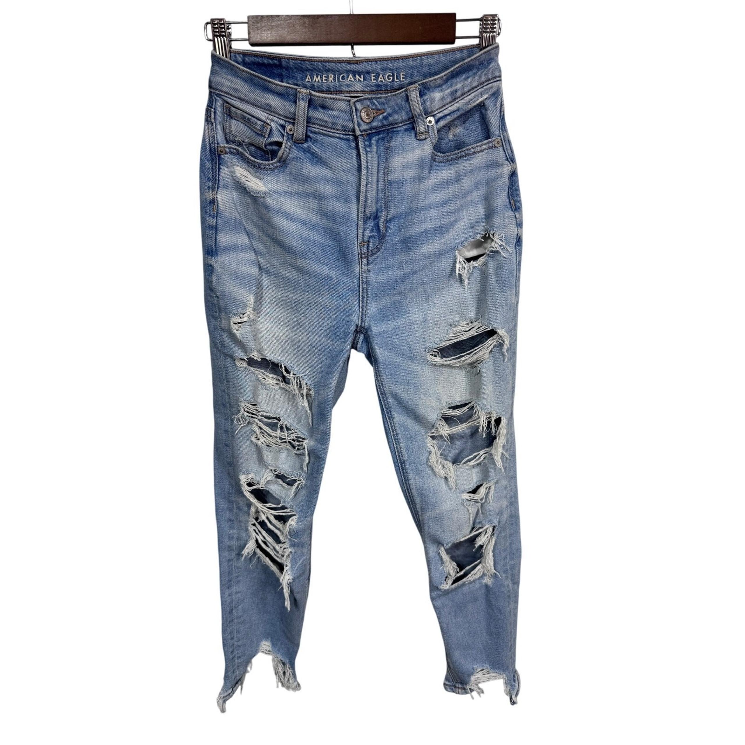 American Eagle Distressed Mom Jeans High Rise Light Wash Women's 0 Short Grunge