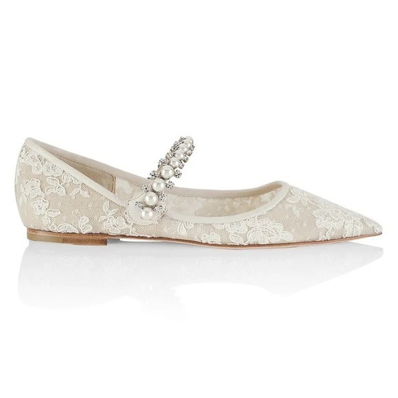New JIMMY CHOO Baily Embellished Lace Flats - Ivory $1,095 37