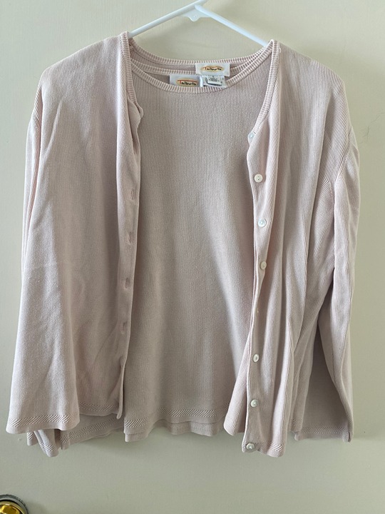 Talbots Neutral 100% Silk Cardigan Knit Set, Short Sleeve Top and Cardigan, (L)
