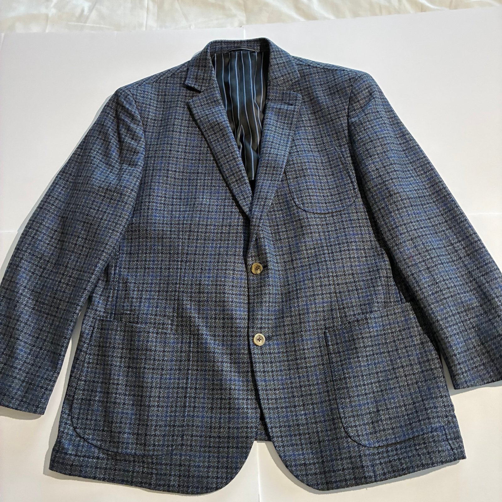 Q By Flint Blue & Black Houndstooth Blazer Sport Coat Lambswool Cashmere 46R
