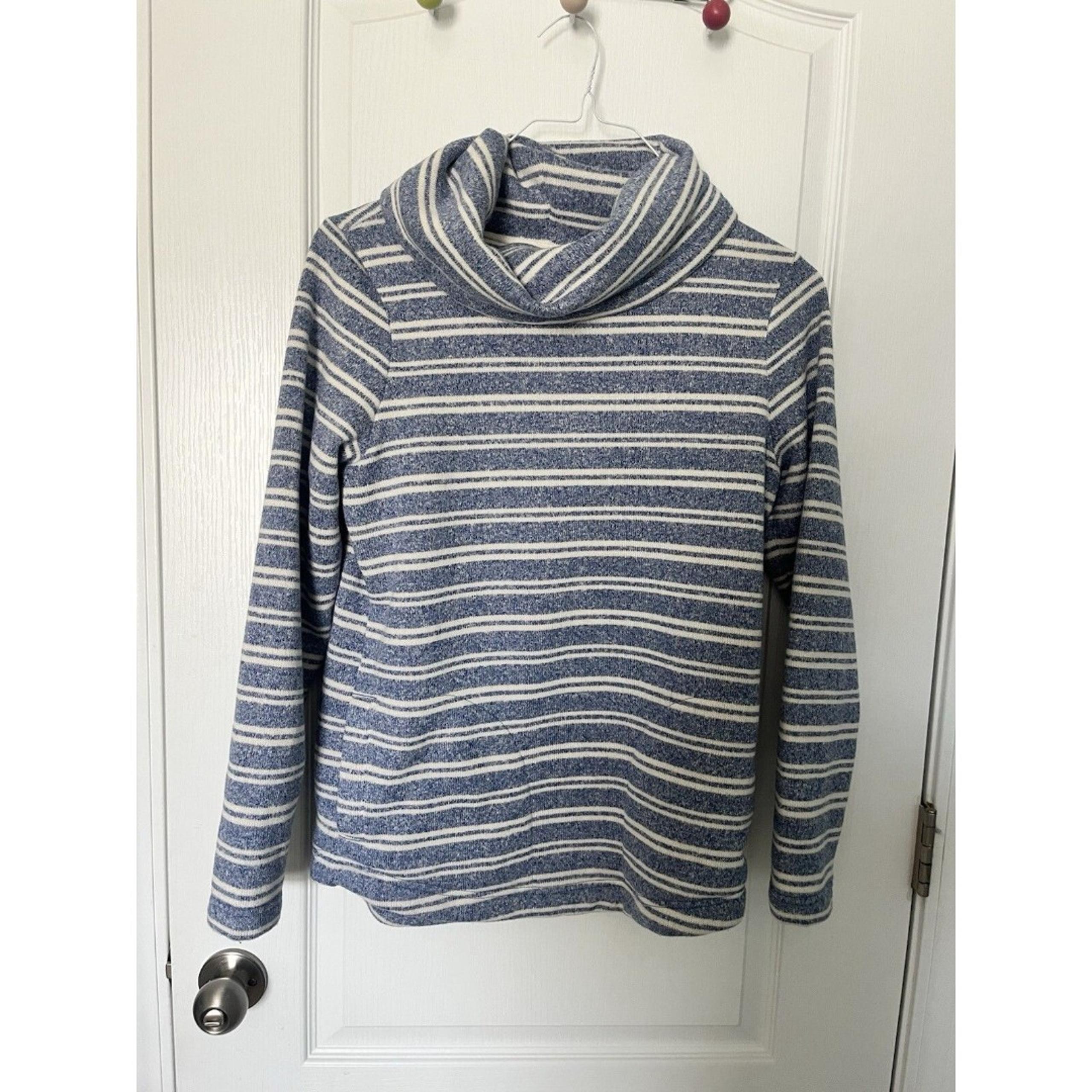 LL Bean Cotton Sweater Blue White Stripe Cowl Neck Women’s Small EUC