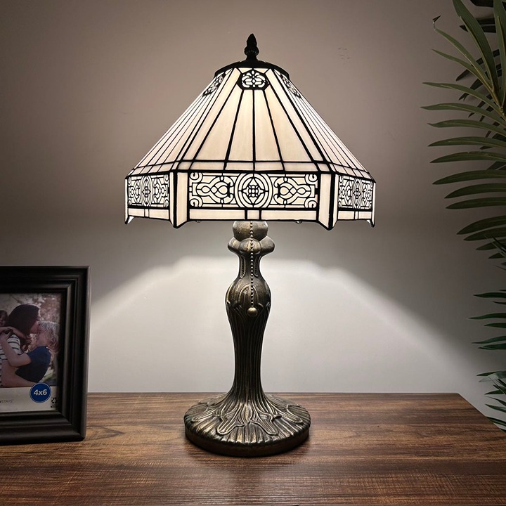 Tiffany Style Table Lamp White Stained Glass Hexagon Included LED Bulb 19 H*12 W