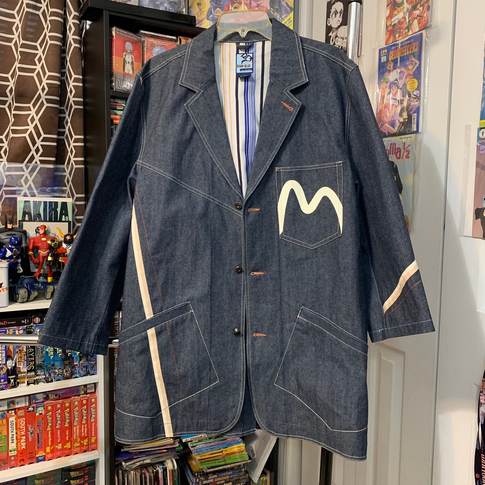 RARE Vintage Raw Blue Striped Printed Jean Suit Coat