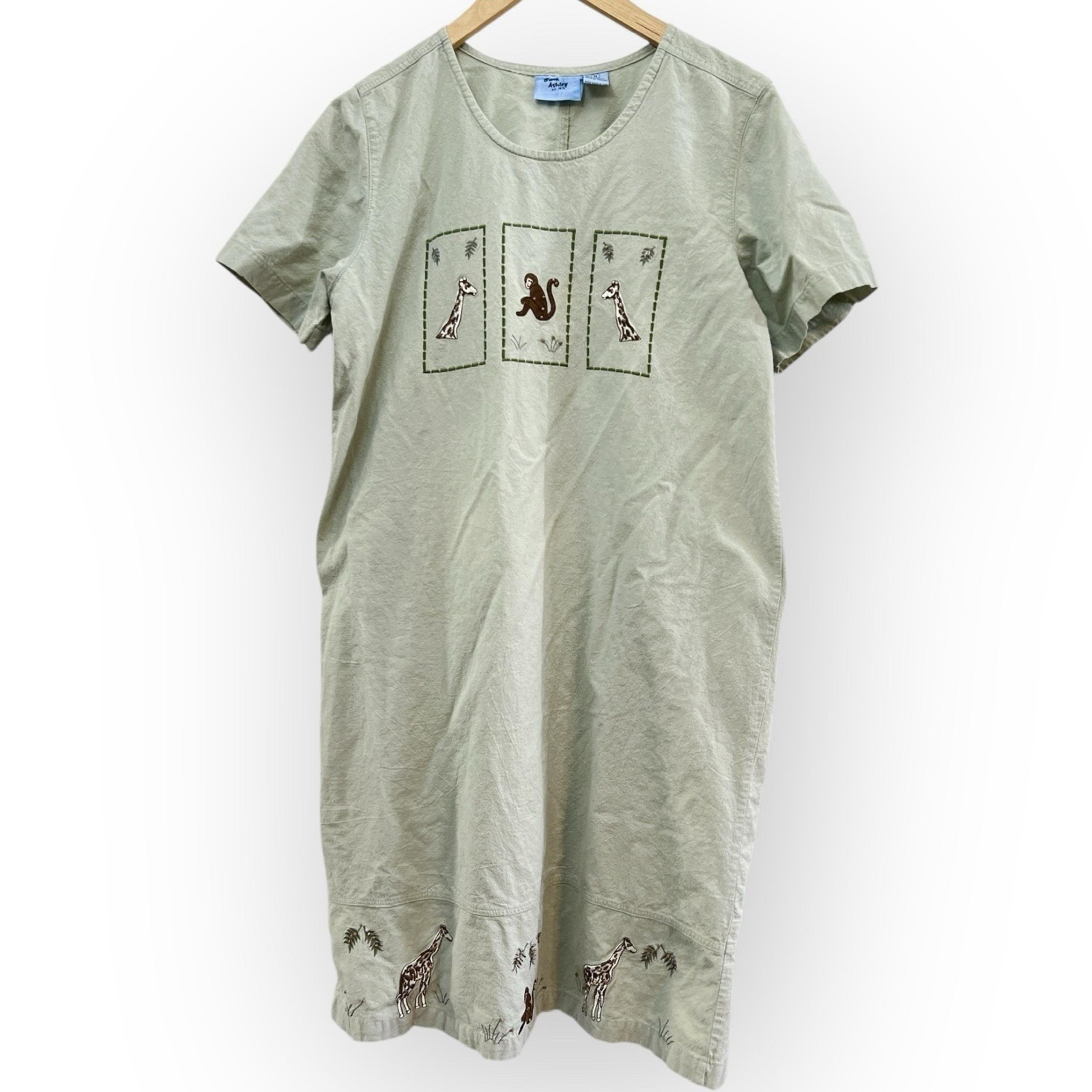 Vtg Jane Ashley Sage Short Sleeve Dress Monkey Jungle Giraffe Animals Sz Medium