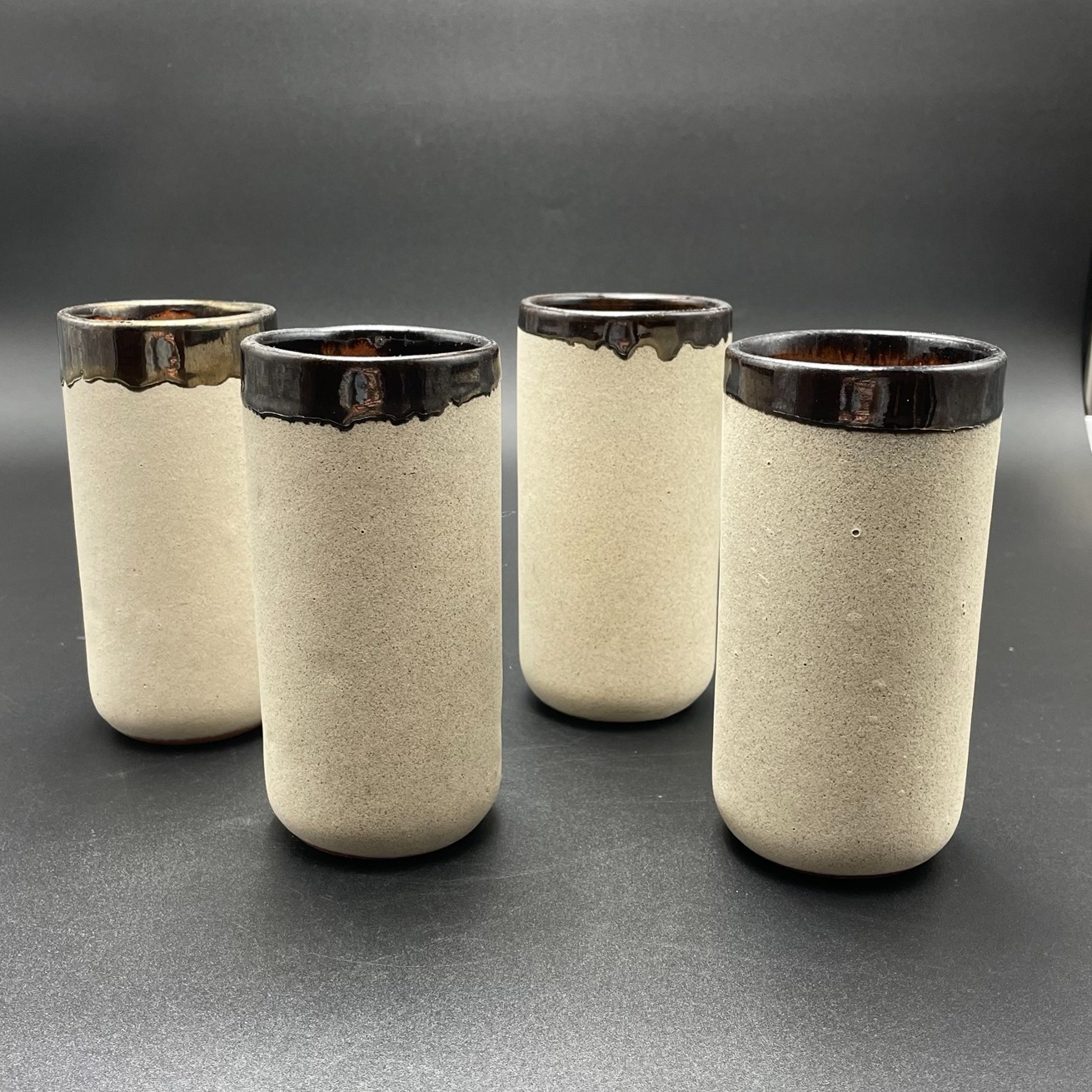 Set of 4 Handmade Redware Pottery Gold Drip Glaze Tumblers Drinkware