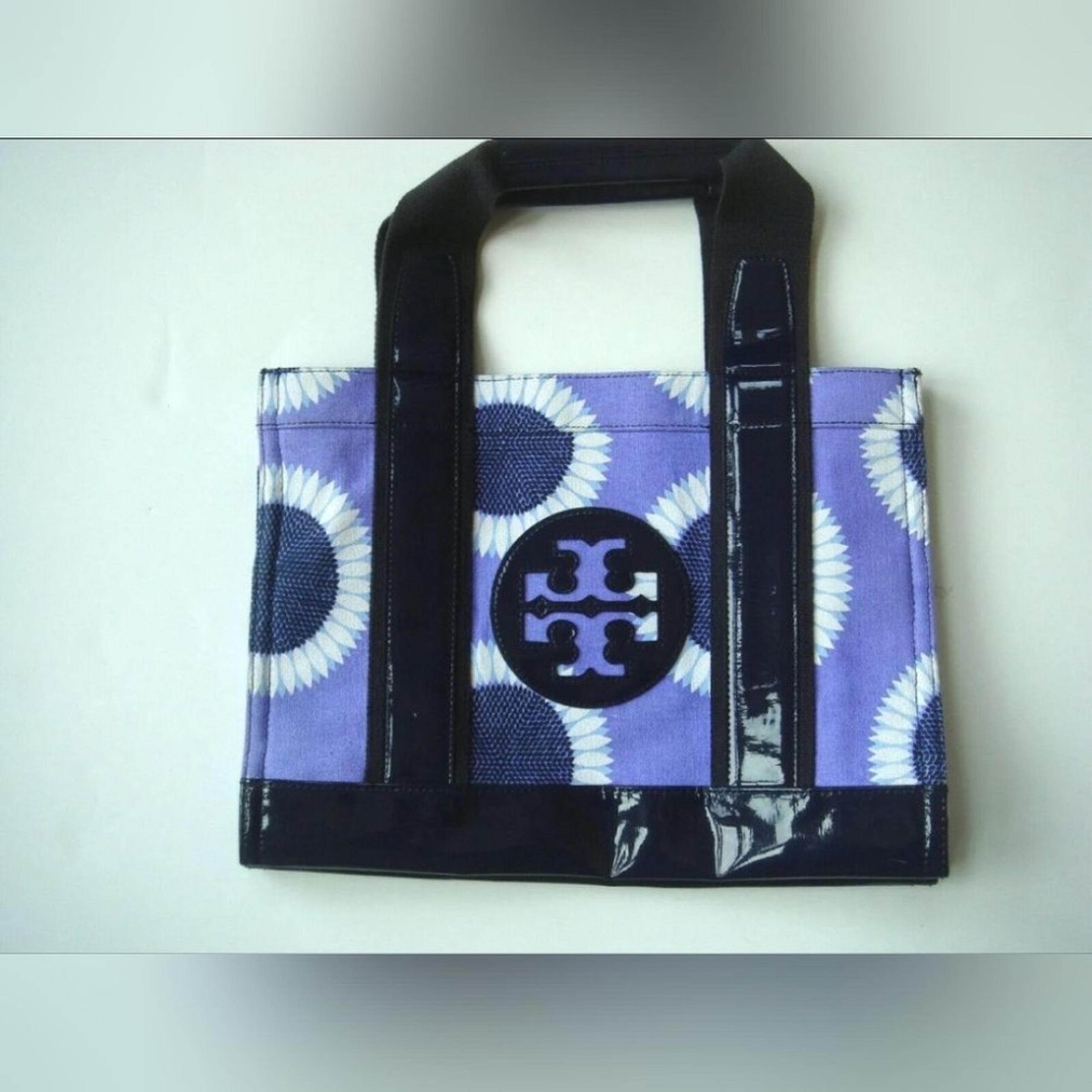 Tory Burch Designer Ella Sunflower Floral Purple and Navy Women's Tote Purse Bag