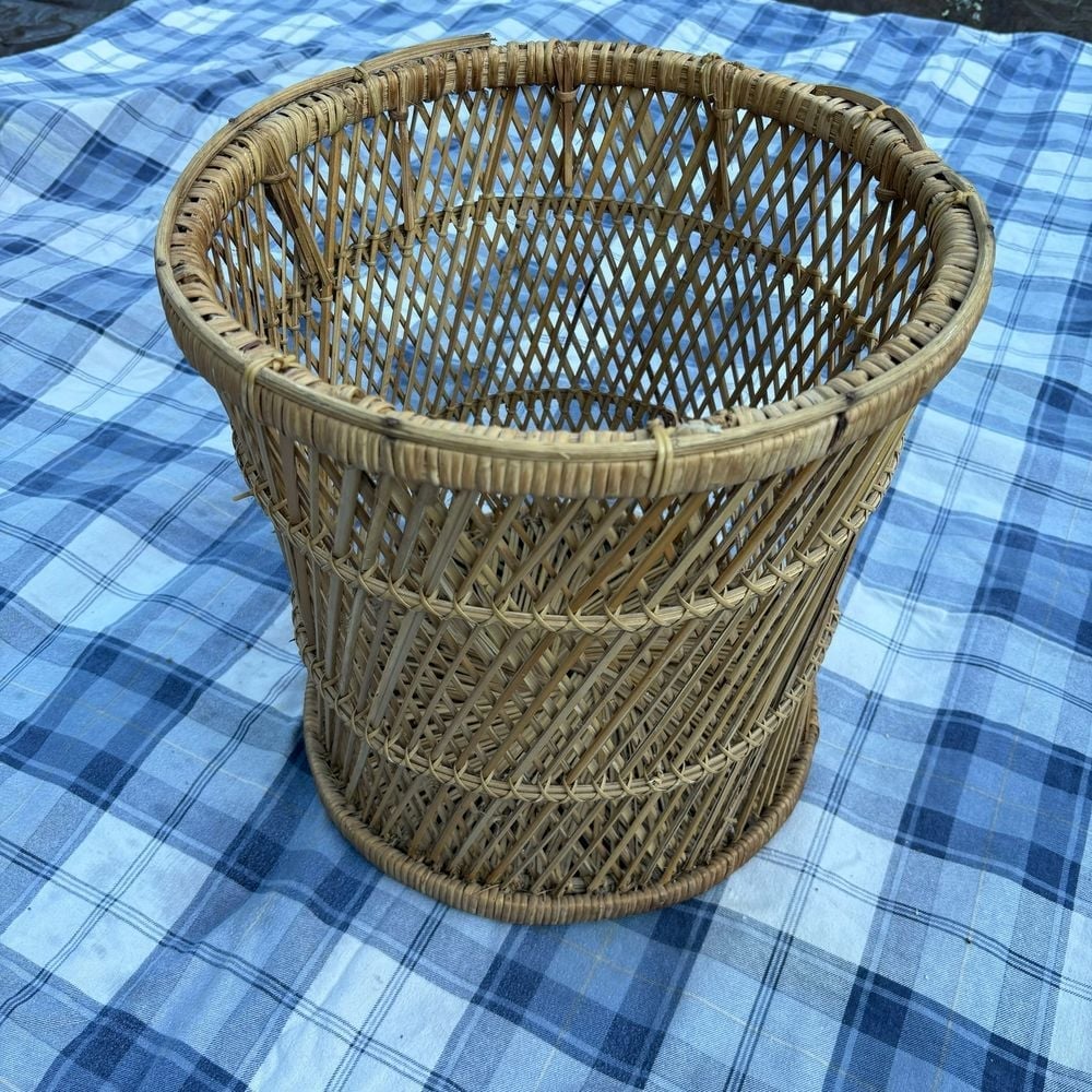 Handcrafted Rattan Waste Basket Boho Decor Natural Woven Storage Container