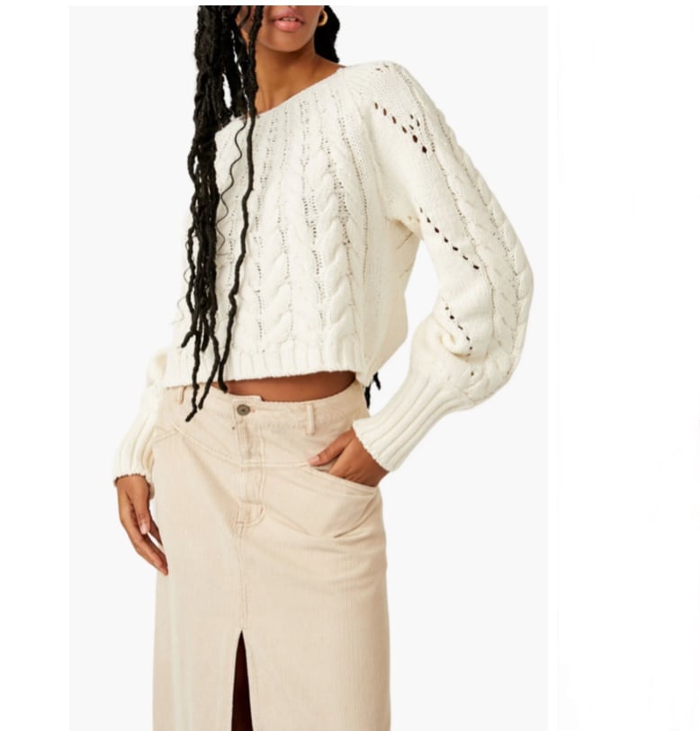 Free People Sandre Cable Cropped Sweater XS Ivory